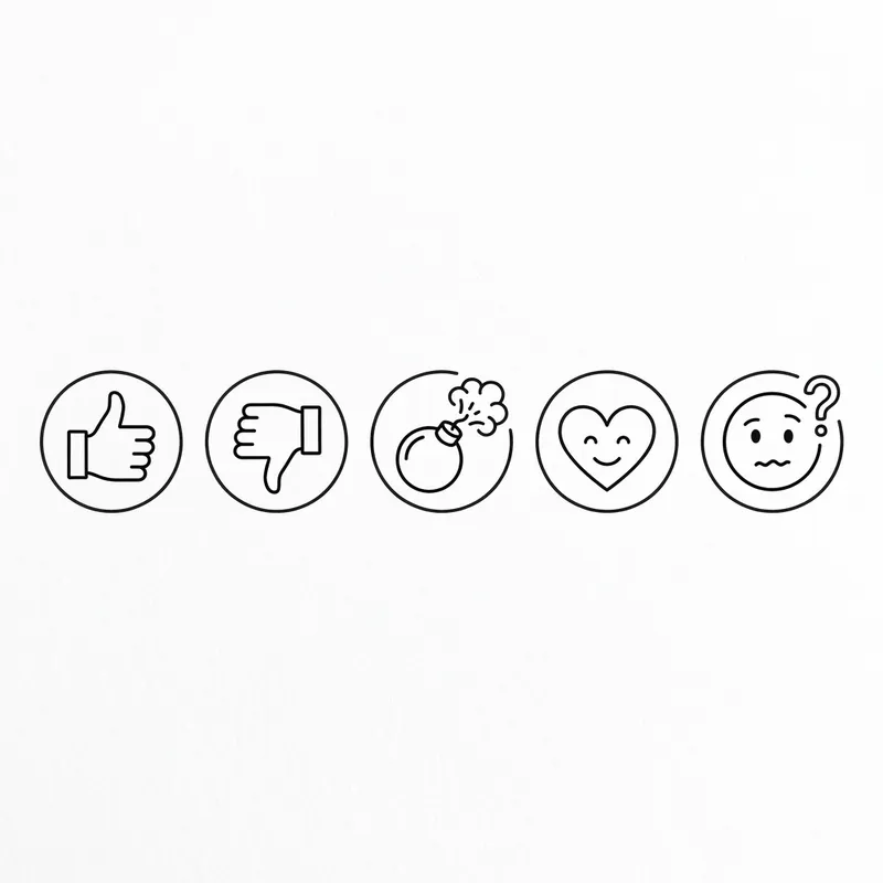 Elegant Iconography: Thumbs Up, Thumbs Down, Angry Bomb, Happy Heart, Confused Face Elegant Iconography: Thumbs Up, Thumbs Down, Angry Bomb, Happy Heart, Confused Face