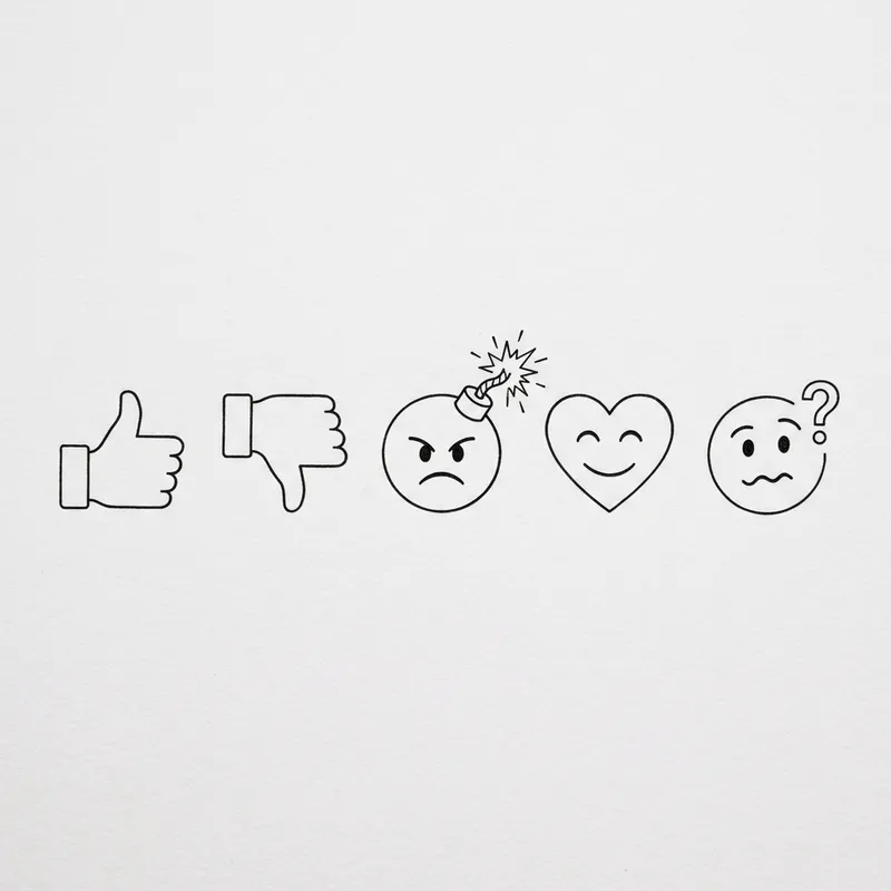 Minimalist Emoji Collection: Thumbs-Up, Thumbs-Down, Angry Bomb, Happy Heart, Confused Face