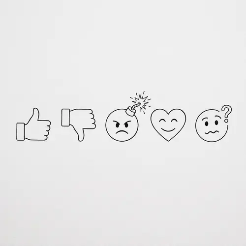 Minimalist Emojis: Thumbs-Up, Thumbs-Down, Angry Bomb, Happy Heart, Confused Face