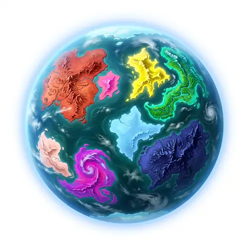 Vibrant Illustration of a Solitary Alien Planet with Eight Unique Continents