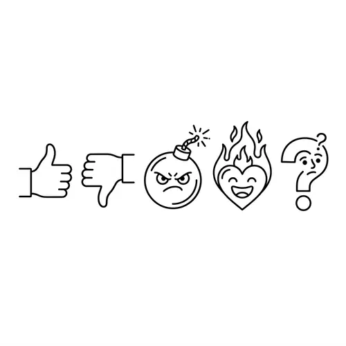 Minimalist Line Art Illustration: Thumbs-up, Thumbs-down, Angry Bomb, Burning Heart, Confused Question Mark