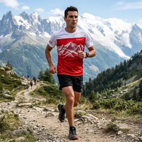 Sporty Red and White T-Shirt with Mountain Design