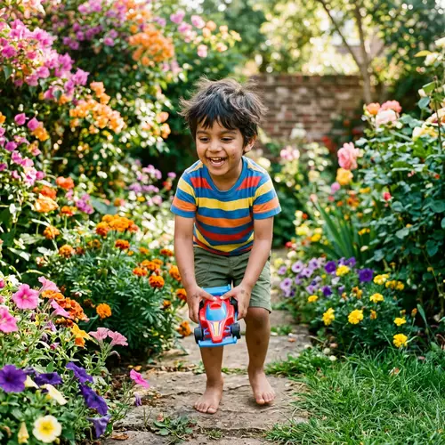 Innocent Joy: South Asian Boy Playing in Garden with Toy Car