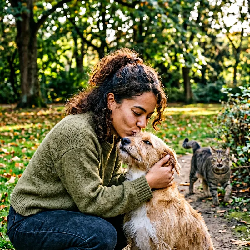Charming Person Kissing Dog with Cat Observing Charming Person Kissing Dog with Cat Observing