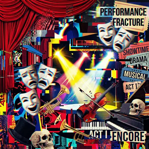 Vibrant Theatrical Abstract Collage with Glitch Effects