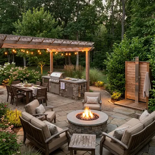 Outdoor Dining with Fire Pit and BBQ Area