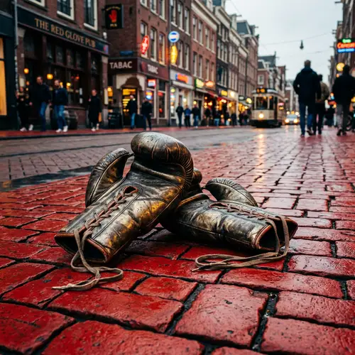 Metal Boxing Gloves on Red City Street | Kodak Vision3 500 Film