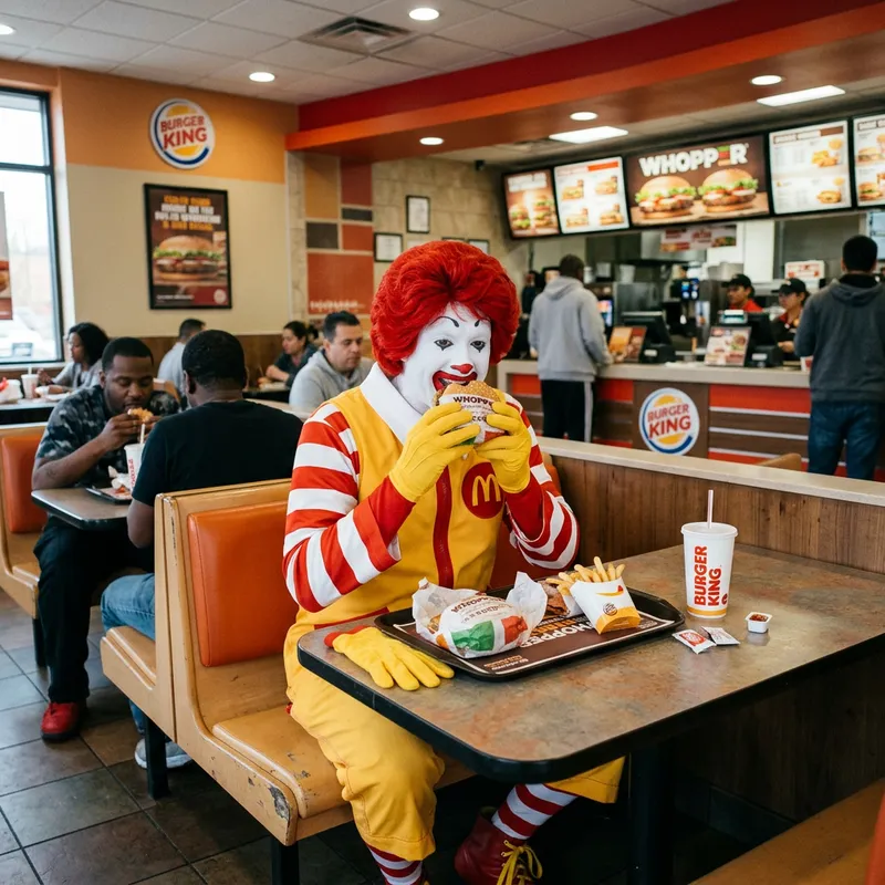 Ronald McDonald Eating at Burger King