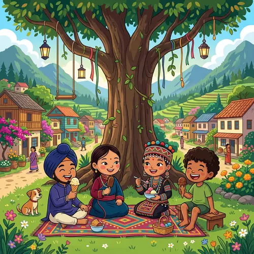 Children Enjoying Ice Cream in a Vibrant Village