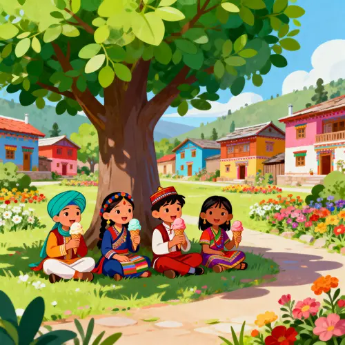 Children Enjoying Ice Cream in a Vibrant Village