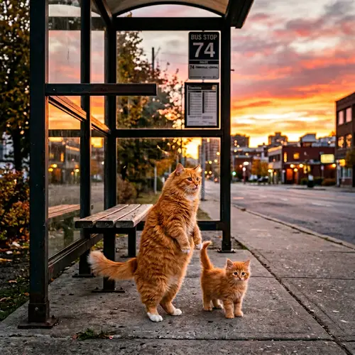 Chubby Orange Cat and Kitten Waiting for Bus