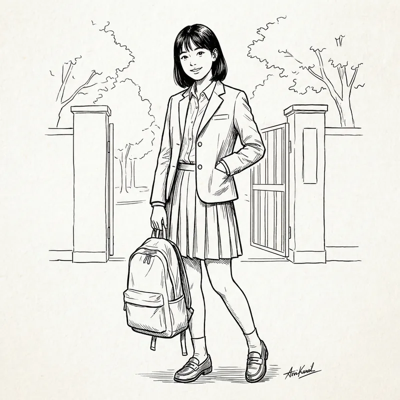 Casual Middle School Asian Student Line Drawing