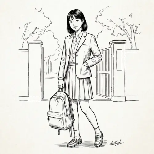 Casual Middle School Asian Student Line Drawing