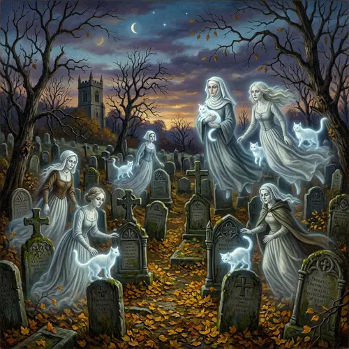 Late Medieval Gothic Style Oil Painting of Autumnal Cemetery Dusk