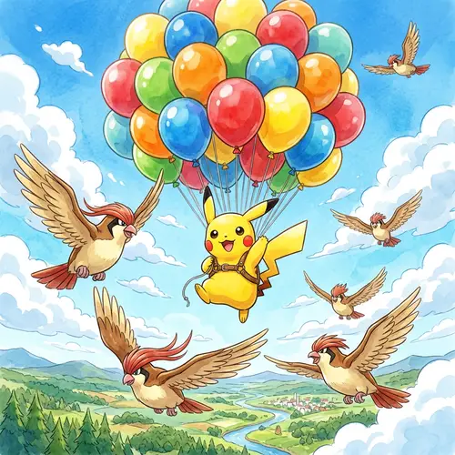 Pikachu Soaring with Balloons in the Sky