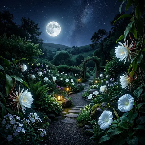 Enchanting Nocturnal Landscape: Dark Flora Blooming under Full Moon