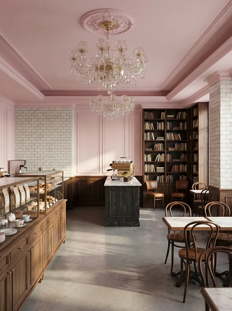 Chic Parisian Coffee Shop with Crystal Chandelier