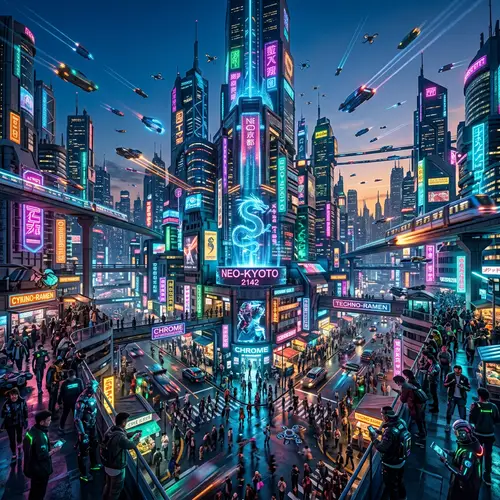 Futuristic Cityscape at Twilight: Vibrant Cyberpunk Metropolis
