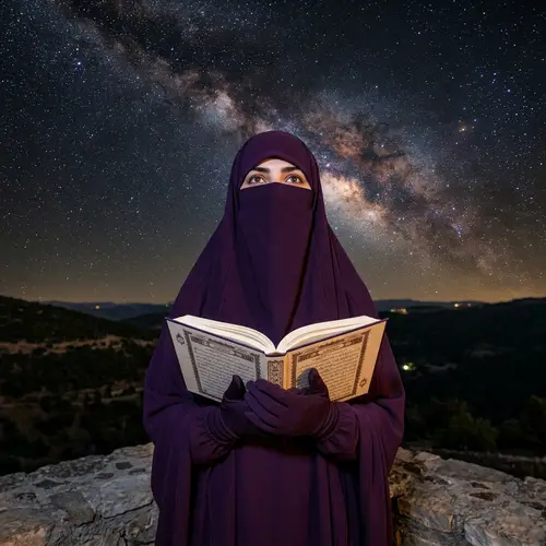 Beautiful Muslim Woman in Purple Niqab with Open Quran
