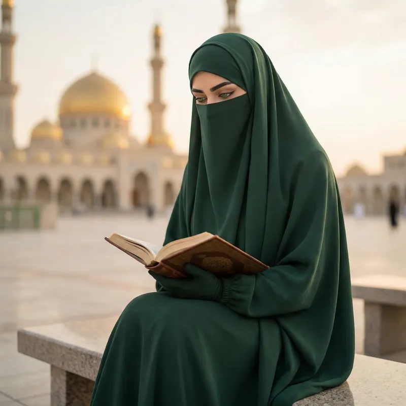 Elegant Muslim Woman in Green Niqab with Open Quran