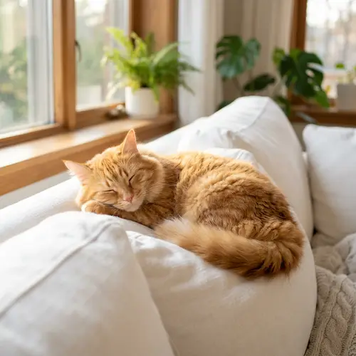 Tranquil Orange Cat Sleeping on White Sofa