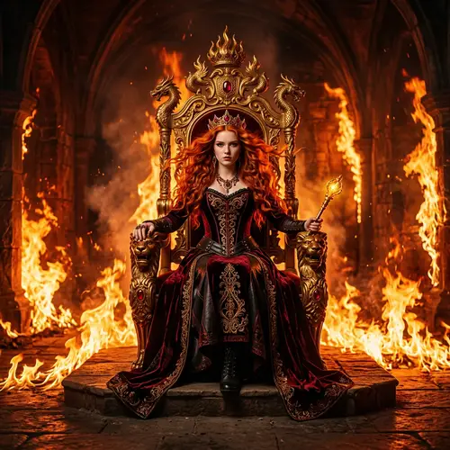Red-Haired Girl in Corset Dress on Golden Throne Surrounded by Fire