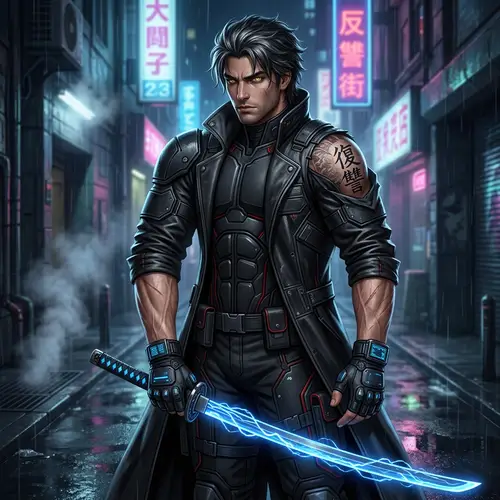 Futuristic Warrior with Silver Highlights and Katanas