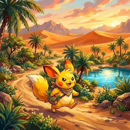 Playful Pikachu in Vibrant Desert Oasis | Warmth & Adventure