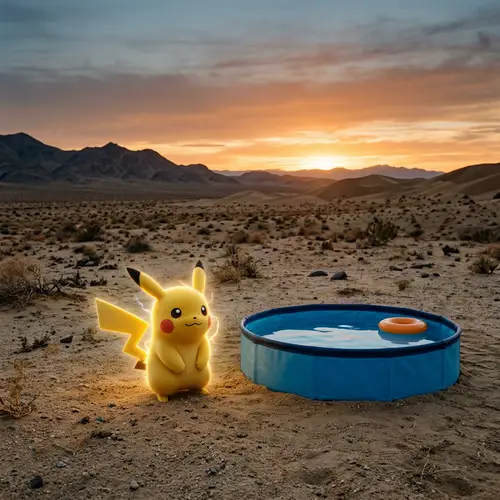 Electric Pikachu in Desert Landscape with Blue Pool