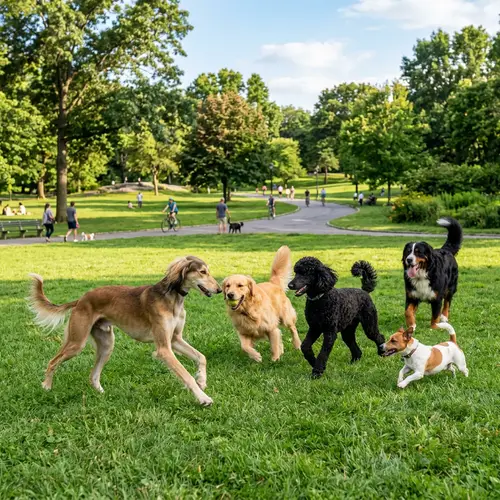 Serene Park Scene: Playful Dogs, Saluki and More Breeds