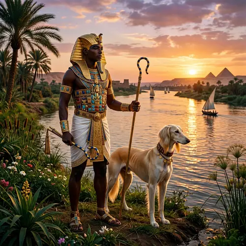 Pharaoh and Saluki Dog by the Nile | Ancient Egyptian Scene