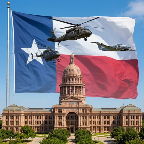 Texas Flag Over Austin State Capital with Helicopters in Bold Display
