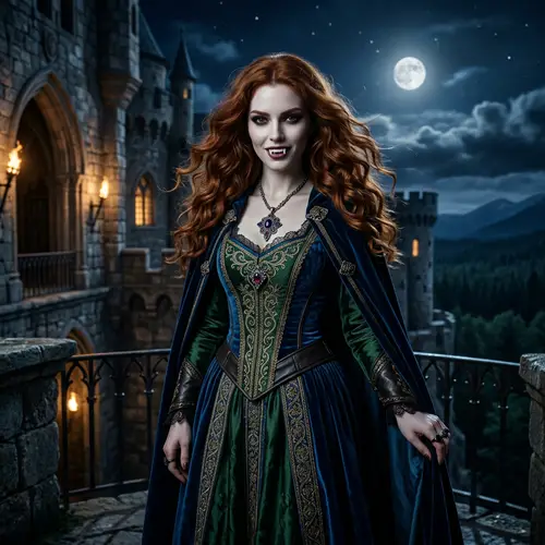 Enchanting Female Vampire in Medieval Garb with Fiery Chestnut Hair
