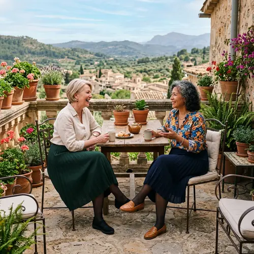 Mature Women in Blouses and Skirts on Terrace - Ethnic Diversity