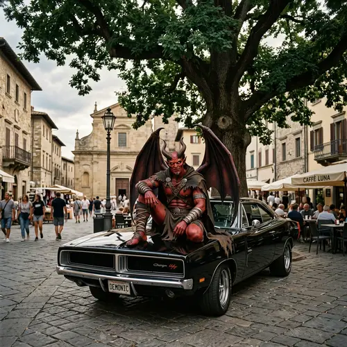 Demon on Car Hood Under Tree