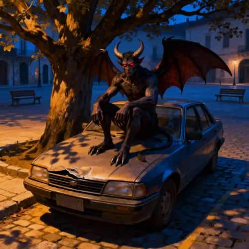 Demon on Car Hood Under Tree
