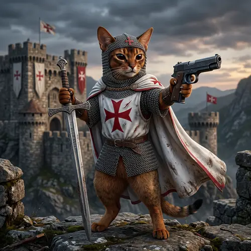 Majestic Abyssinian Cat Warrior in Templar Attire | Feline Fantasy Art