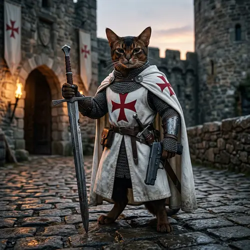 Abyssinian Cat Warrior in Chainmail Armor with Sword and Gun