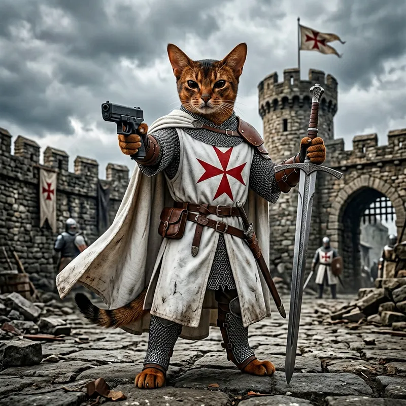 Muscular Abyssinian Cat: Chain Armor, Sword & Gun Cosplay