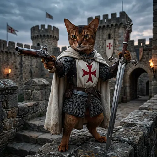 Abyssinian Cat in Chain Armor: Feline Warrior with Sword and Gun