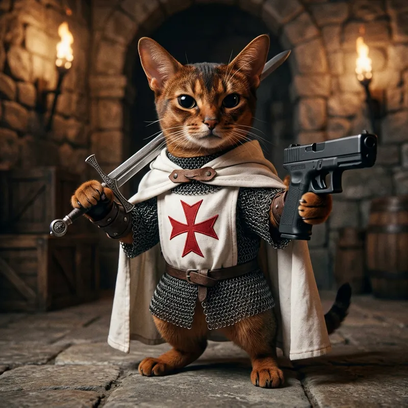 Muscular Abyssinian Cat in Chain Armor with Templar Cape: Battle-Ready Warrior