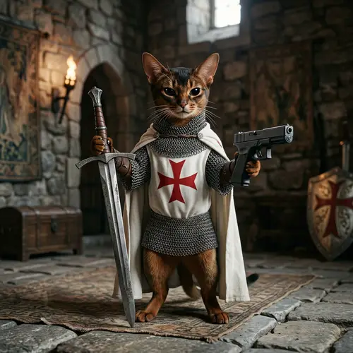 Abyssinian Cat in Chainmail Armor with Templar Cape