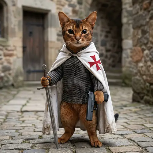 Abyssinian Cat in Chain Armor with Templar Cape