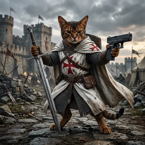 Abyssinian Cat in Medieval Armor with Sword and Gun