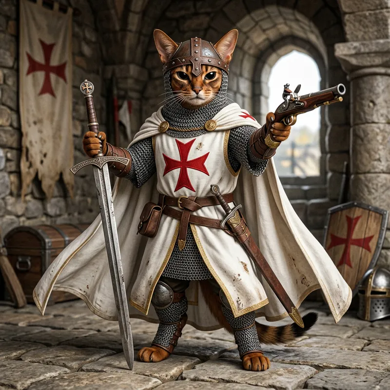 Mighty Abyssinian Cat in Chain Armor with Sword & Gun