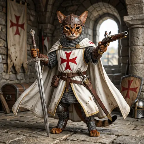 Abyssinian Cat Warrior in Chain Armor with Sword & Pistol