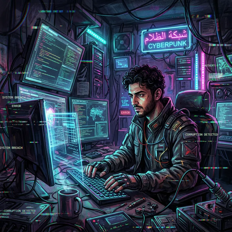 Middle-Eastern Male Hacker in Cyberpunk Aesthetics: Digital Painting with Neon Lights