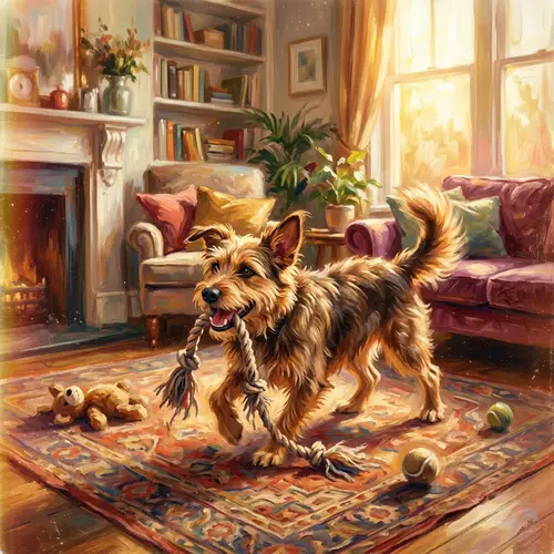 Playful Dog in Cozy Living Room - Impressionist Painting Style