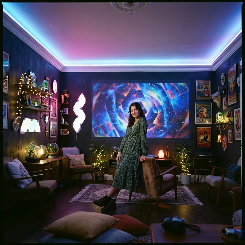 Captivating Neon Room: Luminescent Decor & Stylish Pose