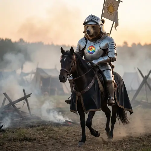Knight-Bear in Armor Riding Dark Horse - Symbol of Positivity
